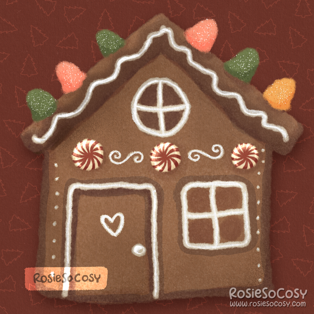 Illustration of a cute gingerbread house, with icing and candy.