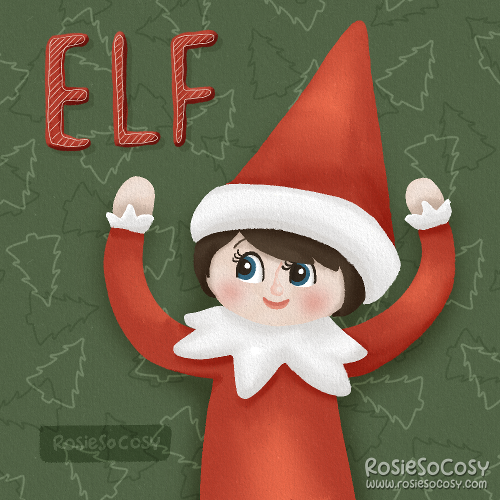 An illustration of a Christmas elf. Likes the ones from Elf on a Shelf. The elf is wearing a red and white outfit. Elf has light skin, and has kind, blue eyes and brown hair.