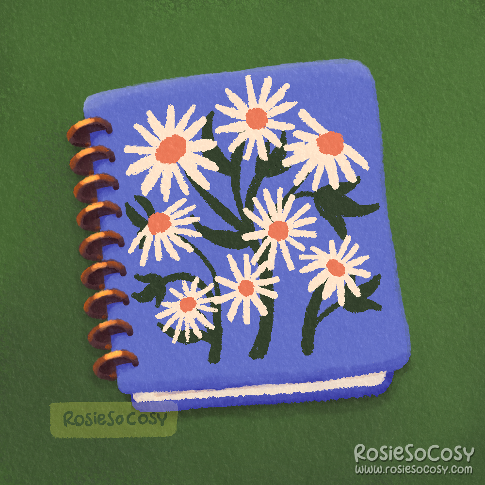 An illustration of a periwinkle planner with daisies on the front cover. It's supposed to be a classic size The Happy Planner.