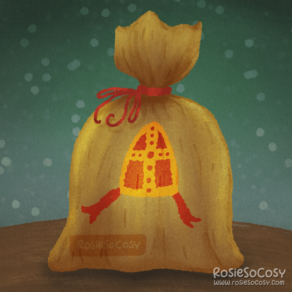 Illustration of a brown jute sack with a red and yellow Sinterklaas miter printed on it.