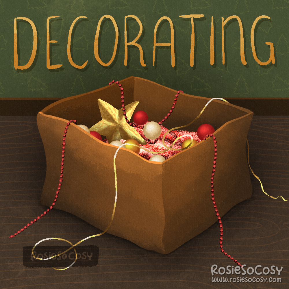 Illustration of a cardboard box, filled with Christmas decorations, Such as red beady garlands, gold tinsel, white, red and gold baubles, a red glittery cloth, and a gold star. The background has a green wall with a Christmas tree pattern. And above the box are gold letters spelling the word DECORATING.