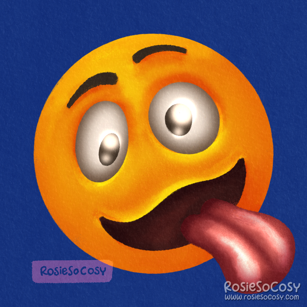 Illustration of a yellow round emoticon, with wonky eyes, mouth open, tongue out. The emote looks a bit unhinged.