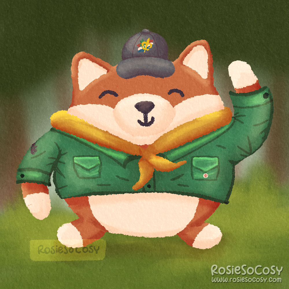 Illustration of a chonky, orange fox in a green scout outfit, with yellow tie/scarf. The fox is also wearing a grey baseball cap, with the Dutch scouting logo on it. In the background is a blurry forest scene.