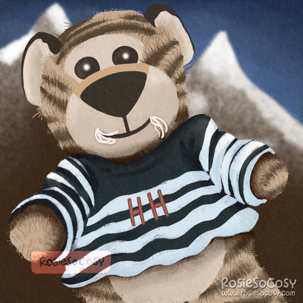 Illustration of a tiger plushie who goes by the name Tigris. He loves chocolate. He pretty much lives for chocolate. So he is on his way to Chocwat Mountain, which can be seen in the background. Chocwat Mountain has icy tops, probably icing sugar, but who really knows for sure? Tigris is a cream and brown striped tiger, wearing a white and very dark blue crop top with the letters HH in red.