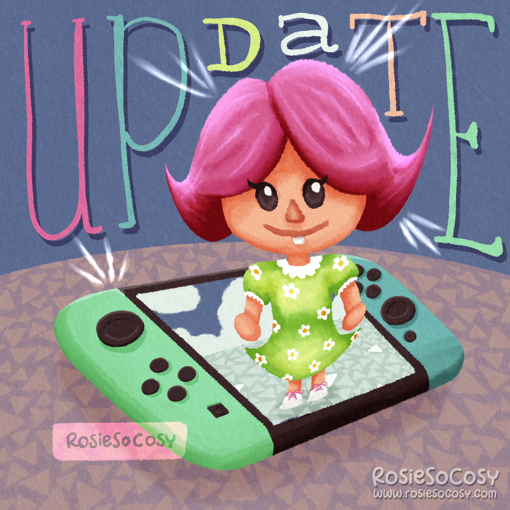Illustration of an Animal Crossing: New Horizons edition Nintendo Switch, floatijng on an Animal Crossing island. A player is standing in the game on the Switch, but she is emerging from it, outside the Switch. She has a short pink hairdo and a green floral dress, and white shoes.