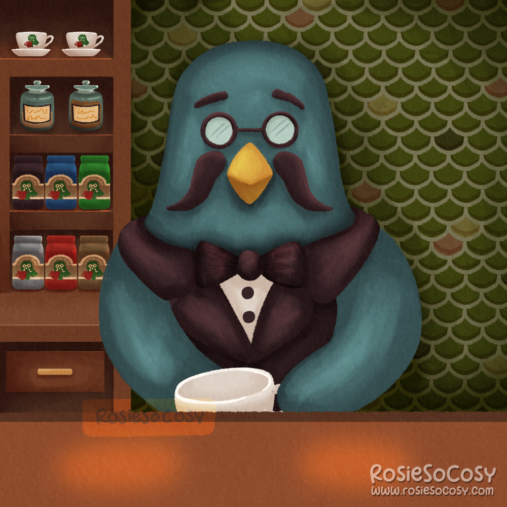 Illustration of Brewster, a character from the Animal Crossing video game series. Brewster is standing behind the counter at The Roost, the cafe inside the museum in Animal Crossing: New Horizons.