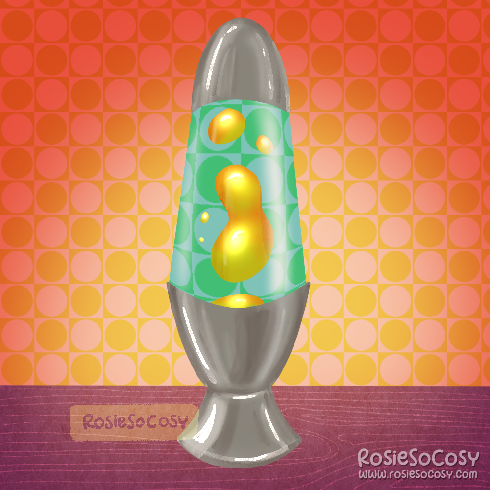 An illustration of a retro bullet aqua and lime green lava lamp, with a bright orange 70s wallpaper in the background.