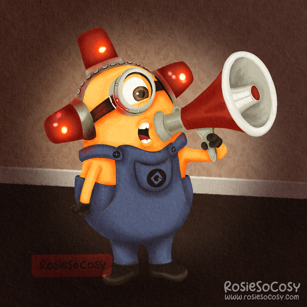 An illustration of a minion with one eye, wearing the typical blue jeans dungarees/overalls and on its head three flashing red lights, holding a megaphone, presumably shouting BEE DOO BEE DOO.
