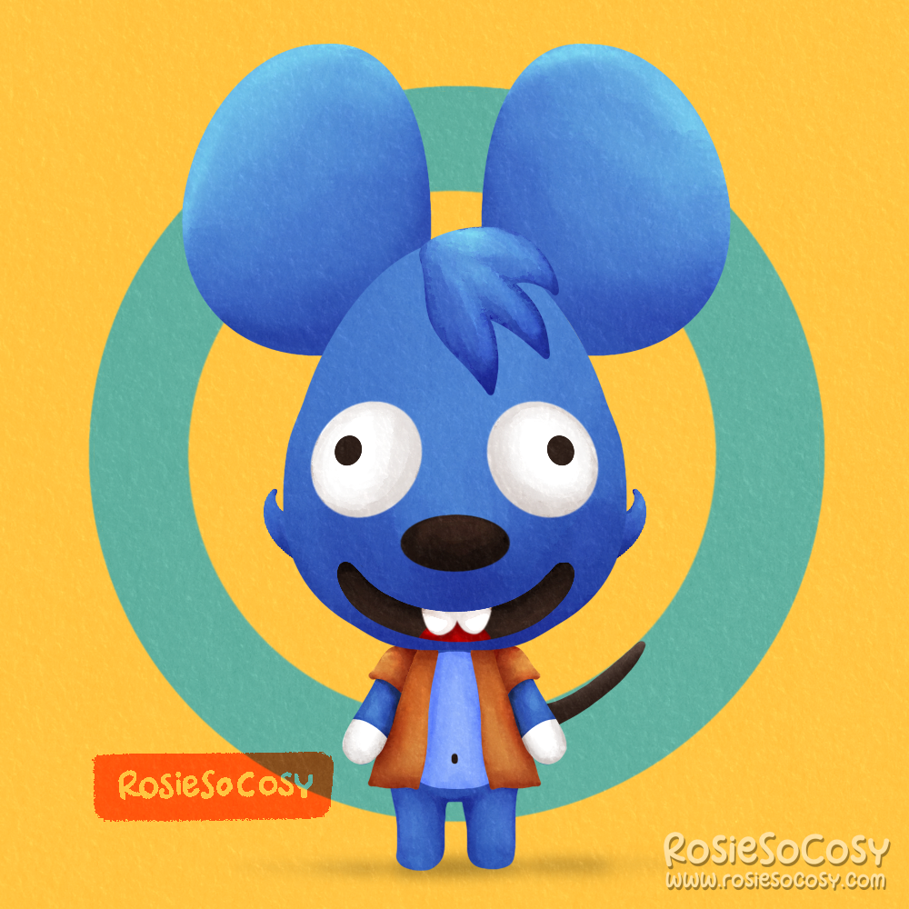 An illustration of the blue Itchy mouse character from The Simpsons, but in Animal Crossing style.