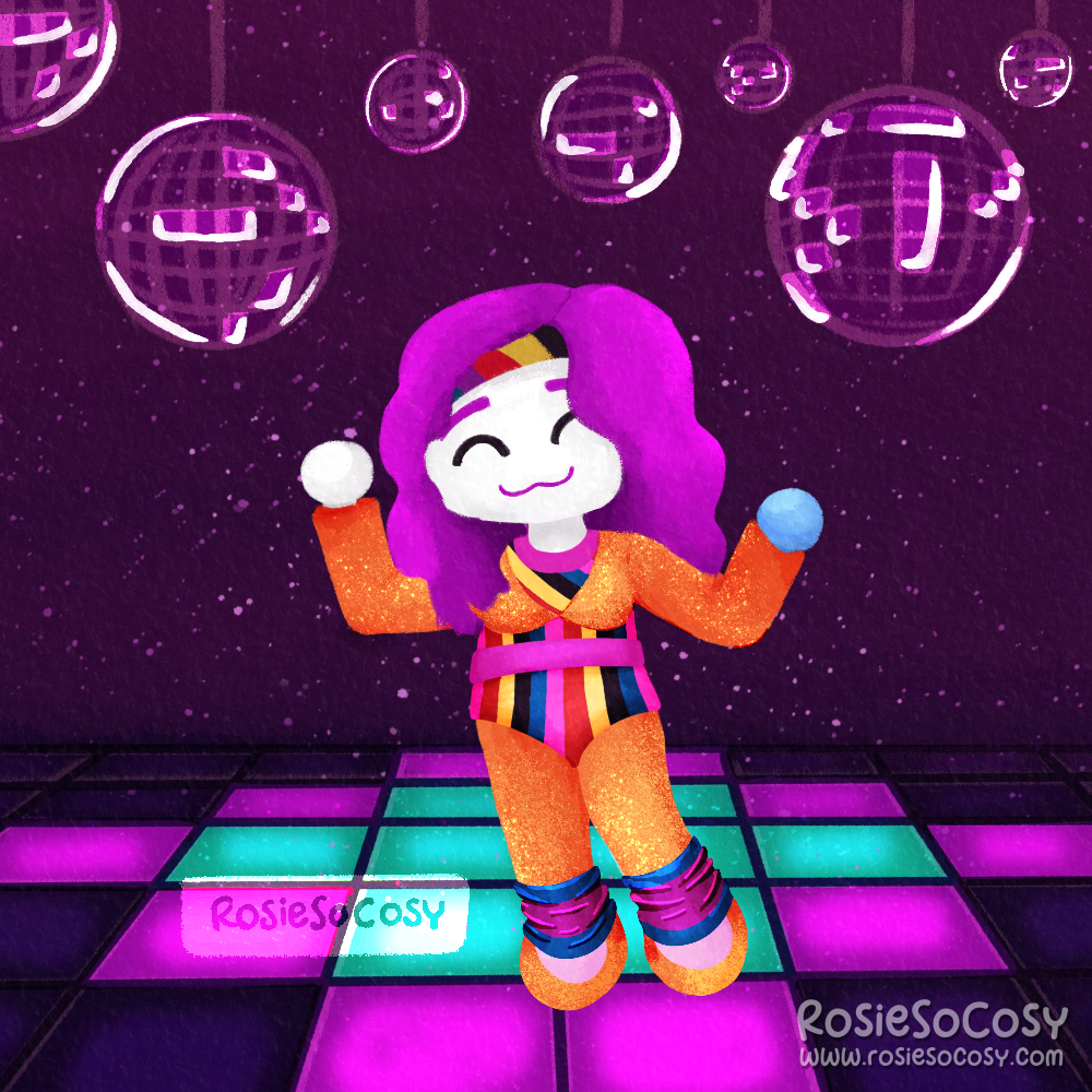 An illustration of an Animal Crossing character in Just Dance style. Or a Just Dance character in Animal Crossing style. It's a mash-up.