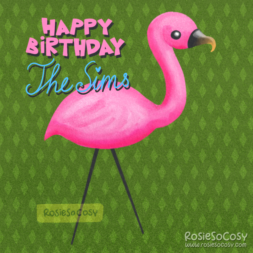 Illustration of a bright pink garden flamingo, on a green field of grass with a plumbob pattern. In the top left it says "happy birthday The Sims"