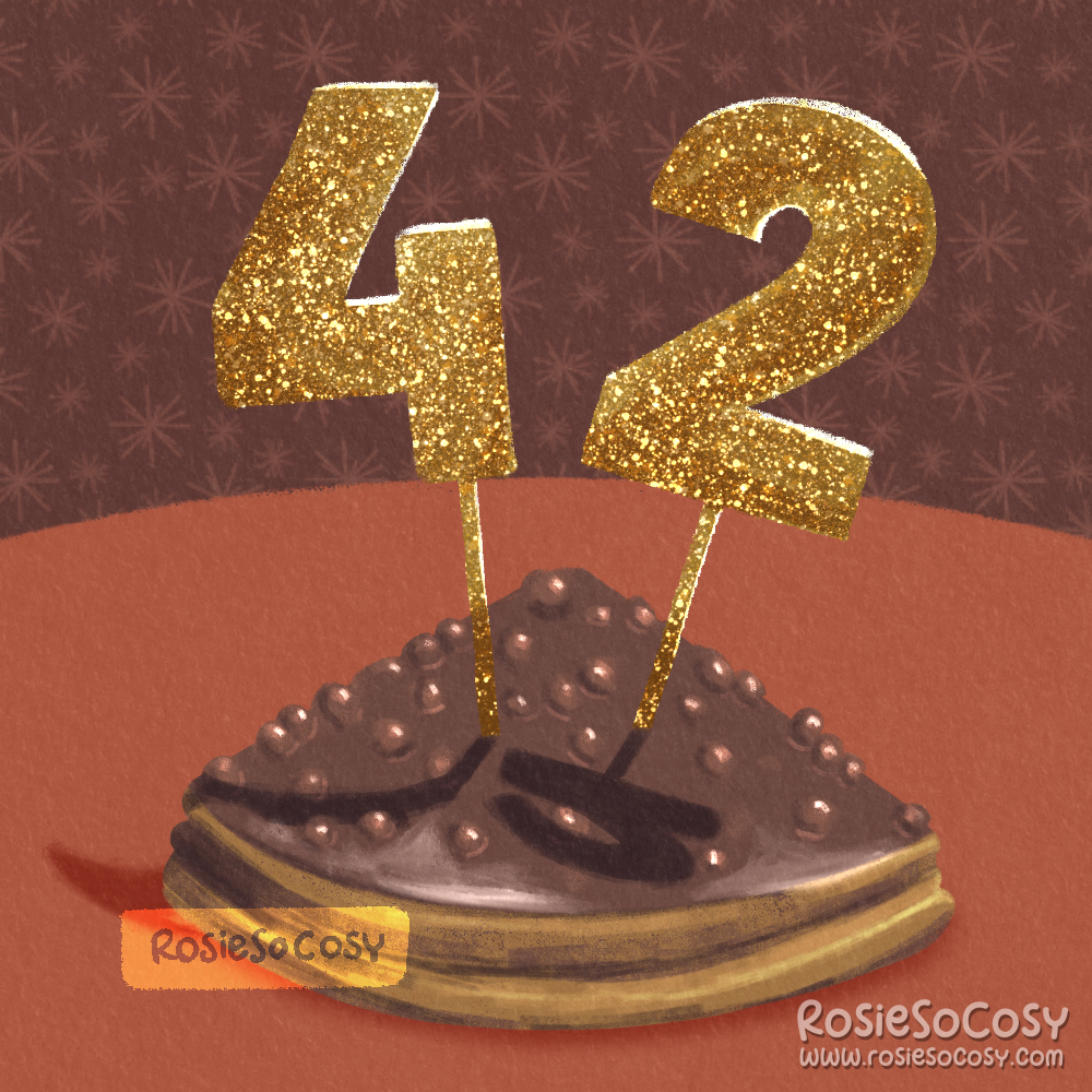 Illustration of a piece of chocolate Almondy Daim pie, with the number 4 and the number 2 on it. Both letters are huge, gold and glittery, and cast a shadow on the pie.