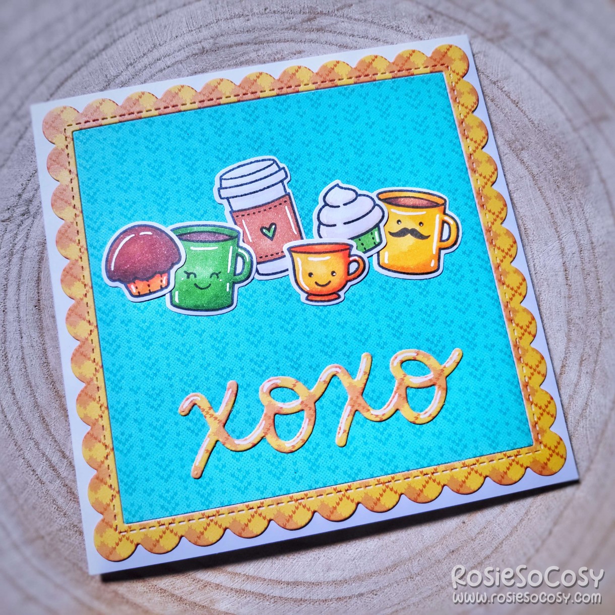 Cute xoxo card with coffee cups, mugs and fall/autumn colours.